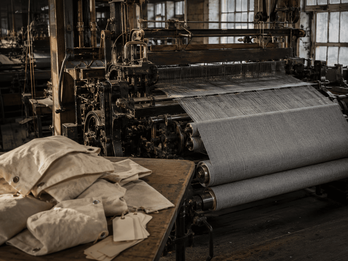 Old wool weaving mill with suiting cloth on a loom