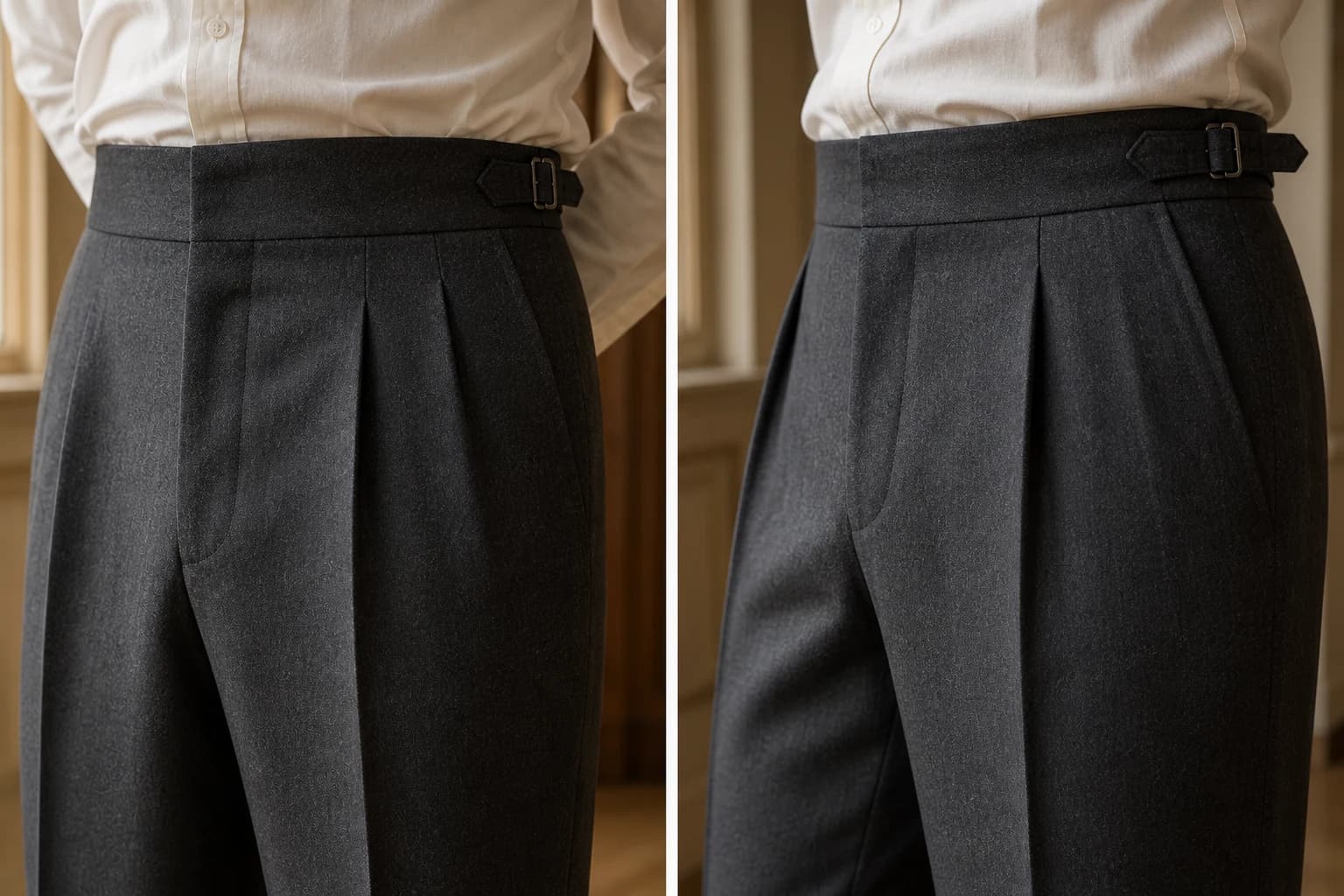 Photographic comparison of forward and reverse trouser pleats