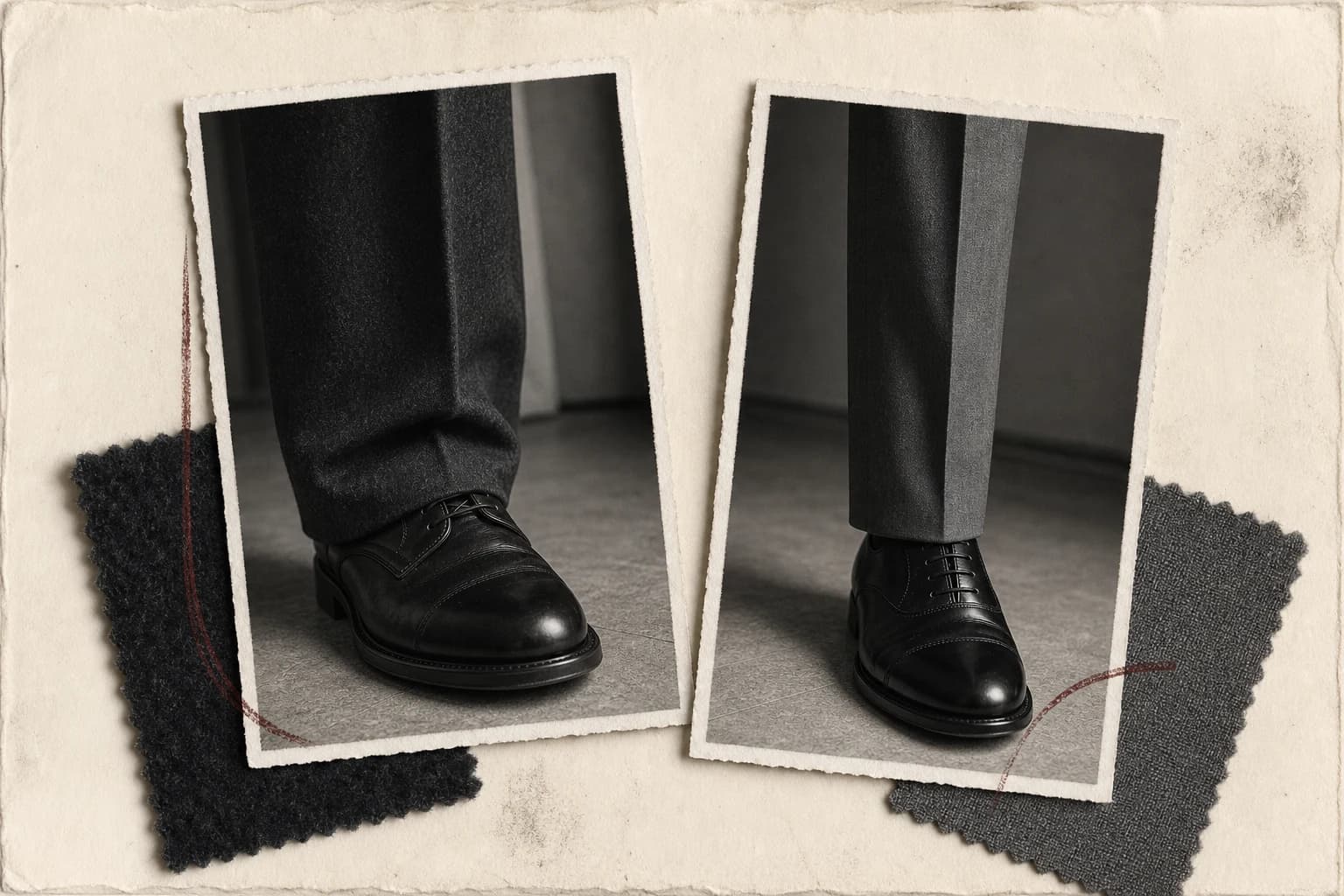 Editorial collage comparing two relationships between trouser hems and shoes