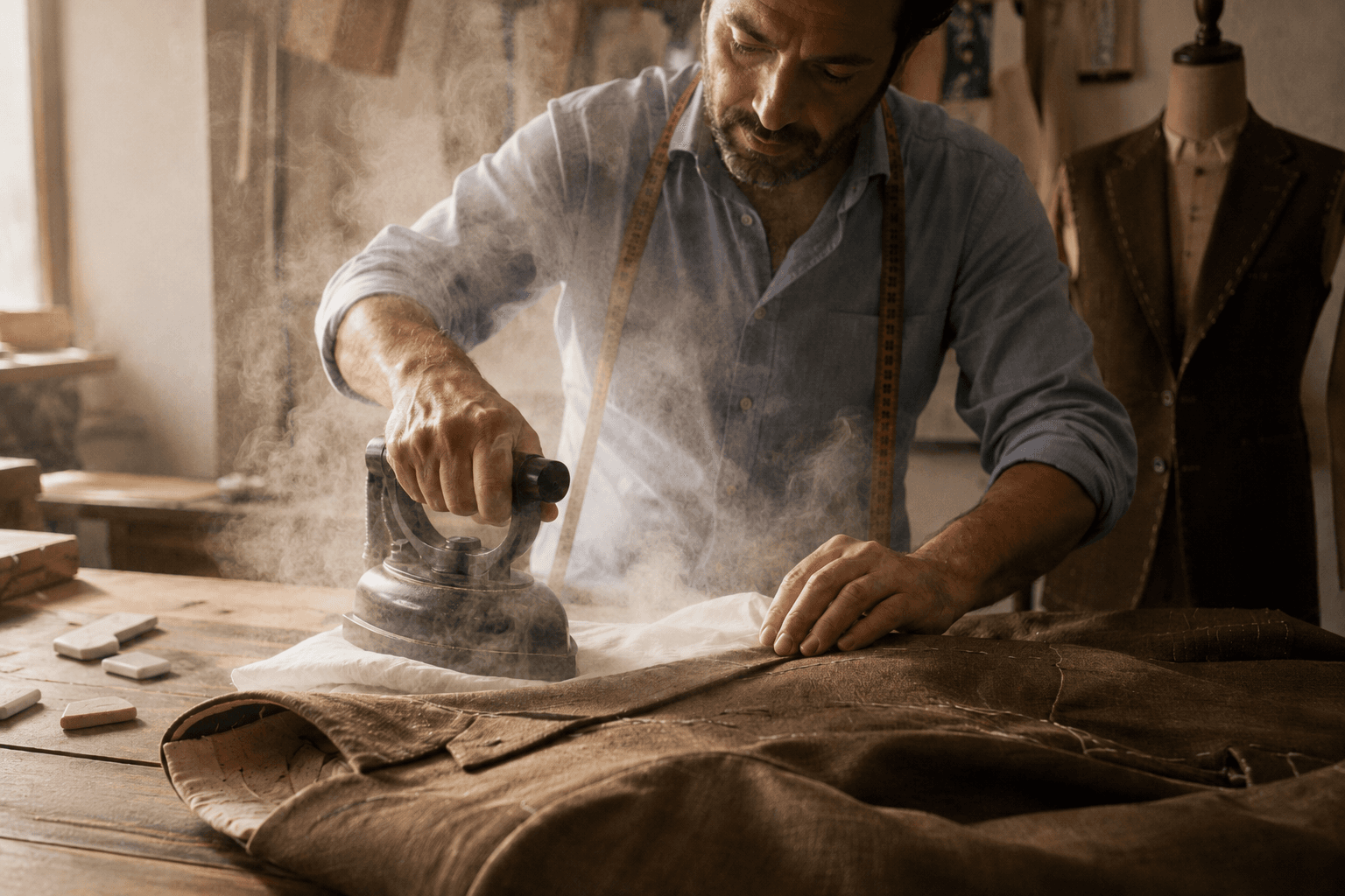 Neapolitan tailor pressing linen lapel